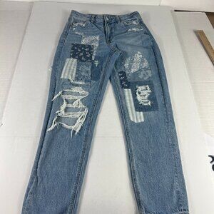 American Eagle Jeans Women's 0 Reg Mom Straight Blue Patchwork Distressed Denim
